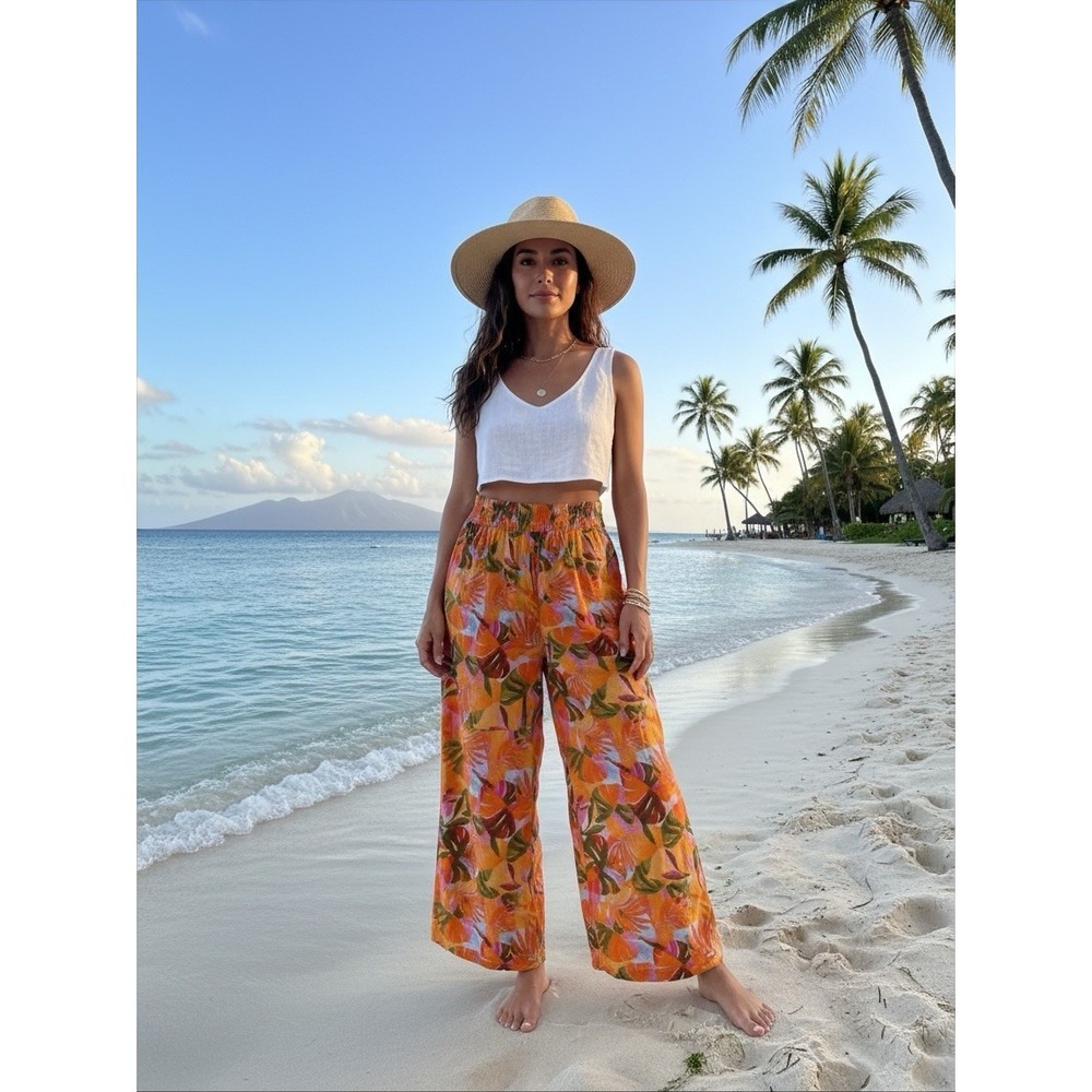 C&C California 100% Linen Wide Leg Pants Women S Orange Tropical Beach Boho